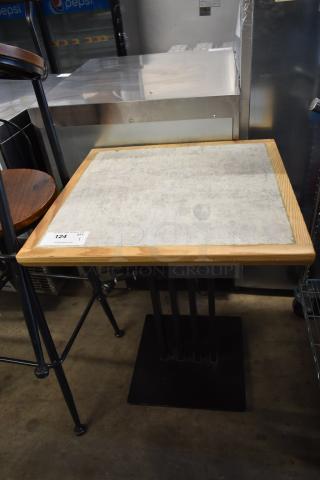 Gray Dining Height Table w/ Wood Pattern Rim on Metal Table Base.