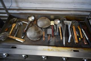 ALL ONE MONEY! Lot of Various Utensils Including Scraper, Skimmer, Strainers, Ladles.