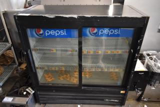2019 True GDM-41SL-48-HC-LD Metal Commercial 2 Door Reach In Cooler Merchandiser w/ Poly Coated Racks. 115 Volts, 1 Phase. Tested and Working!