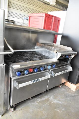 Imperial Stainless Steel Commercial Natural Gas Powered 6 Burner Range w/ Right Side Flat Top Griddle, 2 Ovens, Over Shelf and Back Splash on Commercial Casters.