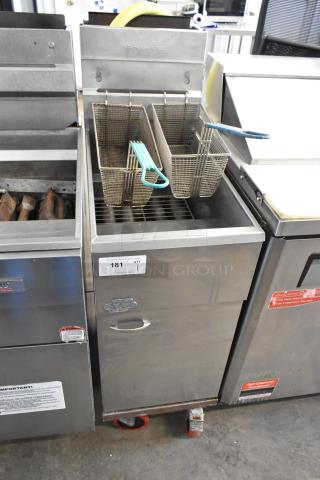 Pitco Frialator Stainless Steel Commercial Floor Style Natural Gas Powered Deep Fat Fryer w/ 2 Metal Fry Baskets on Commercial Casters. 115,000 BTU.