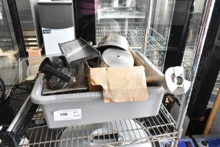 ALL ONE MONEY! Lot of Various Items Including Coffee Pot, Brew Baskets, Mandolin Slicer, Metal Bins. - Item #1190919