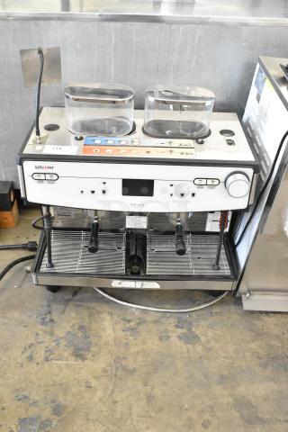 Schaerer Barista Stainless Steel Commercial Countertop 2 Group Espresso Machine w/ 2 Portafilters and 2 Hoppers. 20/240 Volts, 1 Phase.