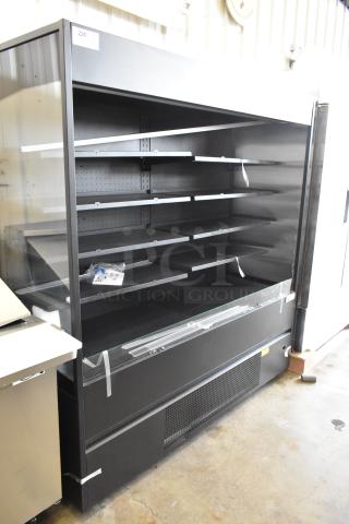 BRAND NEW SCRATCH AND DENT! Avantco 193VOA70B 70 7/8" Black Extra Deep Vertical Open Air Merchandiser with LED Lighting. Missing Right Side Glass on Commercial Casters. 220 Volts, 1 Phase.