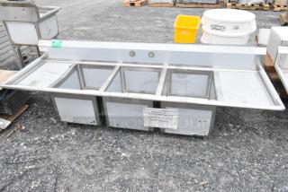 BRAND NEW SCRATCH AND DENT! Regency 600S31824218 94" 16 Gauge Stainless Steel Three Compartment Commercial Sink with  2 Drainboards - 18" x 24" x 14" Bowls. No Legs.