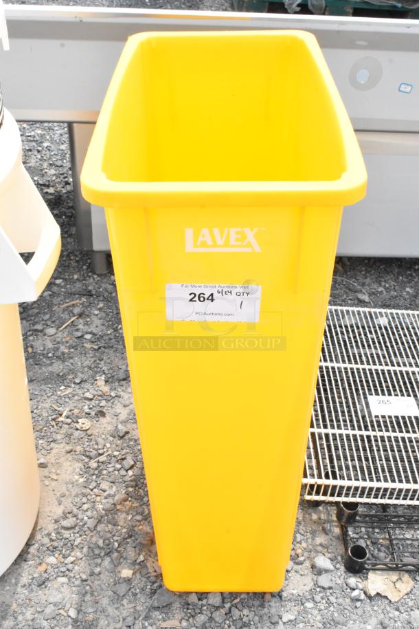BRAND NEW SCRATCH AND DENT! Lavex Yellow Poly Slim Jim Trash Can. - Image 1 of 4