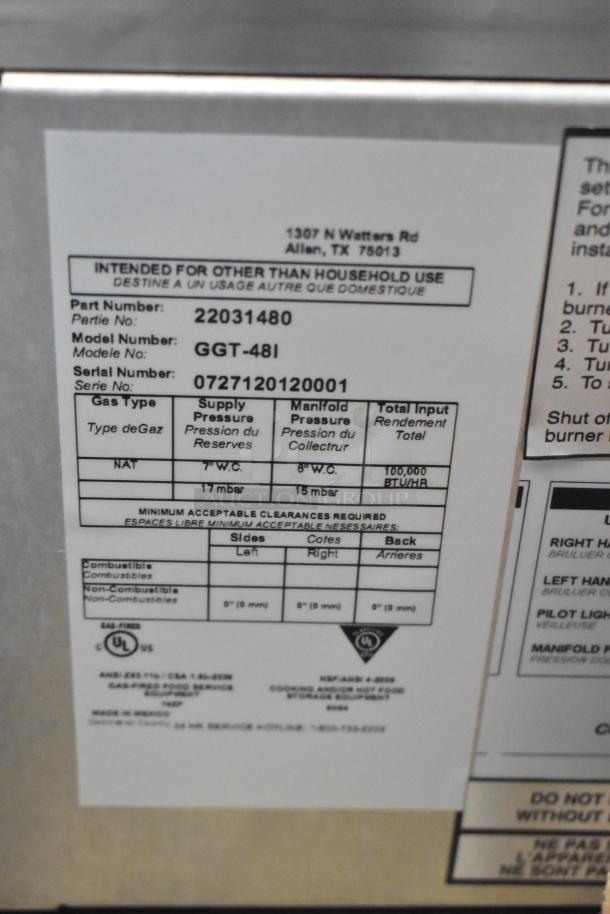 Commercial gas appliance label, model GGT-48I, serial 0727120120001, 100,000 BTU/hr, intended for non-household use.