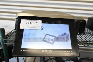 Hobart HT Series touch screen scale, condition appears used, auction tag 114 visible, indicating auction source.