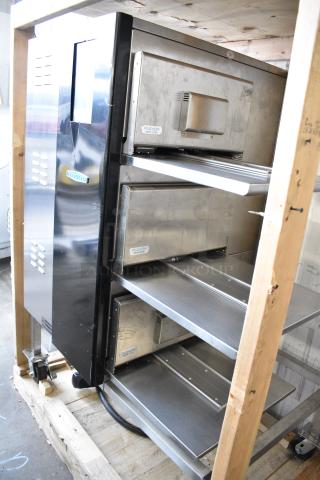 BRAND NEW SCRATCH AND DENT! 2021 Turbochef PLE Stainless Steel Commercial Floor Style Plexor A3 3 Deck High Speed Impingement/Convection Oven on Commercial Casters. 208/240 Volts, 3 Phase.