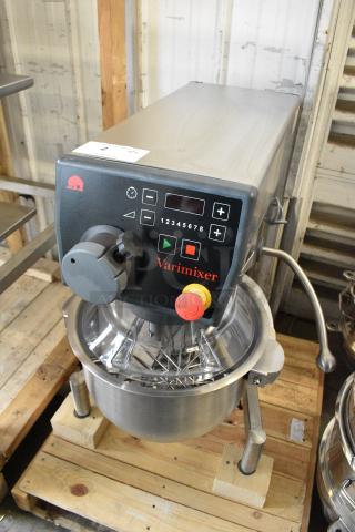 BRAND NEW SCRATCH AND DENT! 2023 Varimixer V20KT Metal Commercial 20 Quart Planetary Dough Mixer w/ Stainless Steel Mixing Bowl, Bowl Guard, Whisk Attachment and Paddle Attachment. 120 Volts, 1 Phase.