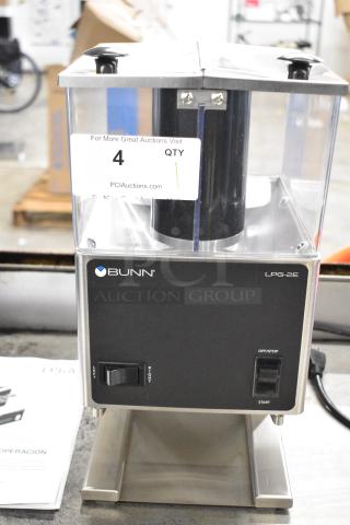 BRAND NEW SCRATCH AND DENT! 2025 Bunn LPG-2E Stainless Steel Low Profile Portion Control Coffee Grinder. 120 Volts, 1 Phase.