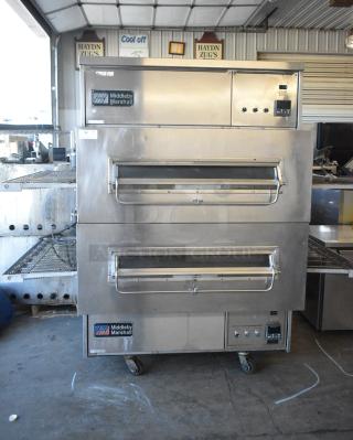 2 Middleby Marshall PS300WB-4 Stainless Steel Commercial Natural Gas Powered Conveyor Pizza oven on Commercial Casters. 170,000 BTU. 2 Times Your Bid! - Item #1186242