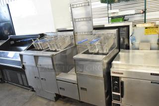 Pitco Frialator SGH50 Stainless Steel Commercial Natural Gas Powered Floor Style 3 Bay Deep Fat Fryer w/ Filtration System, Fry Basket Hanging Station and 6 Metal Fry Baskets on Commercial Casters. 80,000 BTU.