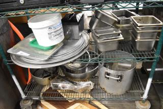 ALL ONE MONEY! Two Tier Lot of Stainless Steel Drop In Bins, Round Metal Baking Sheets, Metal Stock Pots and Colander.