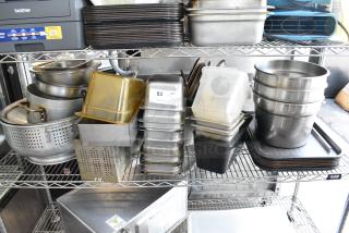 ALL ONE MONEY! Tier Lot of Various Items Including Stainless Steel Drop In Bins, Food Trays, Colander, Stock Pot, Tongs.