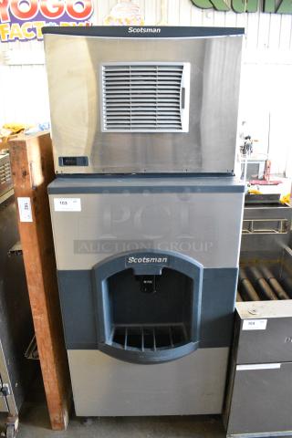 2020 Scotsman C0530MA-1E Stainless Steel Commercial Ice Machine Head on 2021 Scotsman HD30B-1H Commercial Ice Bin and Dispenser. 115 Volts, 1 Phase. - Item #1186399