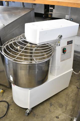 2021 Ampto AMA030M Metal Commercial Floor Style 30 Quart Spiral Dough Mixer w/ Stainless Steel Mixing Bowl, Bowl Guard, and Dough Hook Attachment on Commercial Casters. 220 Volts, 1 Phase. - Item #1186433