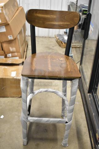 13 BRAND NEW SCRATCH AND DENT! Lancaster Table & Seating Black Metal Bar Height Chair w/ Wooden Back Rest and Seat. 13 Times Your Bid!