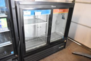 2019 True GDM-41SL-48-HC-LD Metal Commercial 2 Door Reach In Cooler Merchandiser w/ Poly Coated Racks. 115 Volts, 1 Phase.