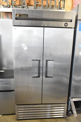 True T-35 Stainless Steel Commercial 2 Door Reach In Cooler w/ Poly Coated Racks. 115 Volts, 1 Phase.