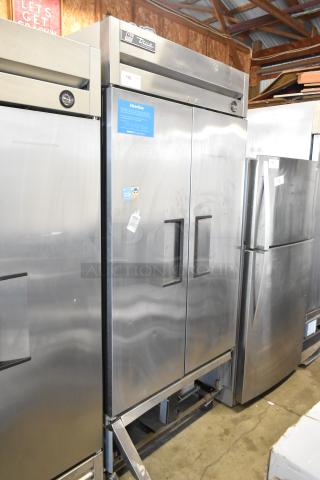 2017 True T-35 Stainless Steel Commercial 2 Door Reach In Cooler w/ Poly Coated Racks on Commercial Casters. 115 Volts, 1 Phase.