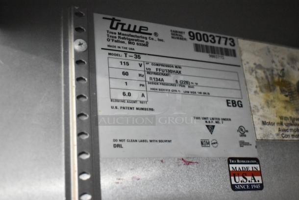 2017 True T-35 Stainless Steel Commercial 2 Door Reach In Cooler w/ Poly Coated Racks on Commercial Casters. 115 Volts, 1 Phase. Cannot Test Due To Cut Power Cord - Image 8 of 8