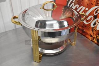 4 BRAND NEW SCRATCH AND DENT! Choice 92246326 Deluxe 4 Qt. Round Gold Accent Chafer. 4 Times Your Bid!
