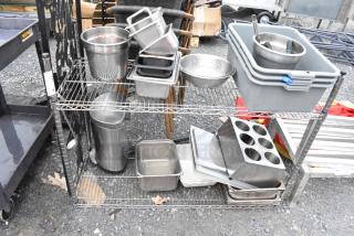 Chrome Finish 2 Tier Wire Shelving Unit w/ Contents Including Gray Poly Bus Bins, Stainless Steel Drop In Bins. Buyer Must Pick Up - We Will Not Ship This Item