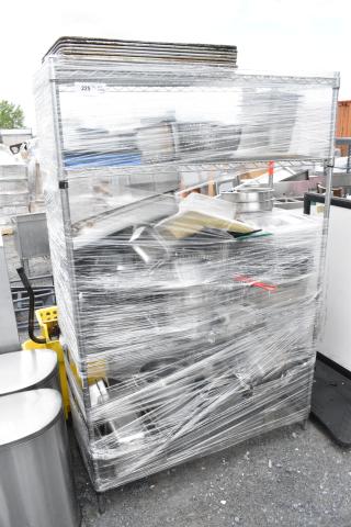 Chrome Finish 4 Tier Wire Shelving Unit w/ Contents Including Metal Baking Pans and Stainless Steel Drop In Bins. Buyer Must Pick Up - We Will Not Ship This Item