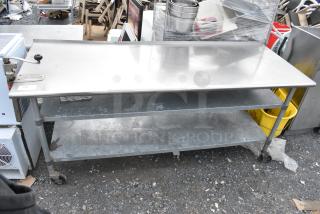 Stainless Steel Table w/ Mounted Commercial Can Opener and 2 Metal Under Shelves on Commercial Casters.