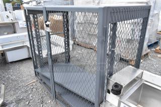 Gray Metal Wire Cabinet on Commercial Casters.