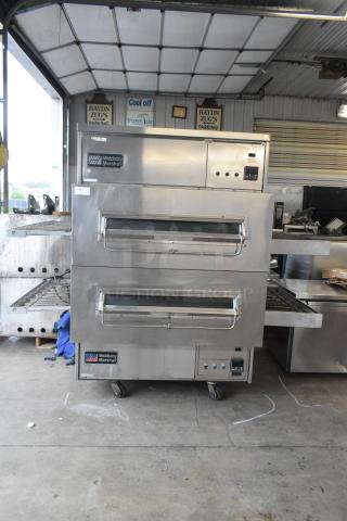 2 Middleby Marshall PS300WB-4 Stainless Steel Commercial Natural Gas Powered Conveyor Pizza oven on Commercial Casters. 170,000 BTU. 2 Times Your Bid! - Item #1186242