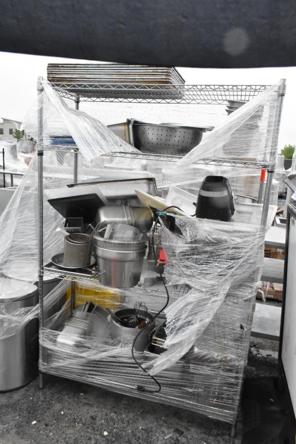 Chrome Finish 4 Tier Wire Shelving Unit w/ Contents Including Metal Baking Pans and Stainless Steel Drop In Bins. Buyer Must Pick Up - We Will Not Ship This Item - Image 1 of 20