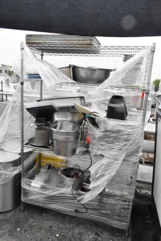 Chrome Finish 4 Tier Wire Shelving Unit w/ Contents Including Metal Baking Pans and Stainless Steel Drop In Bins. Buyer Must Pick Up - We Will Not Ship This Item