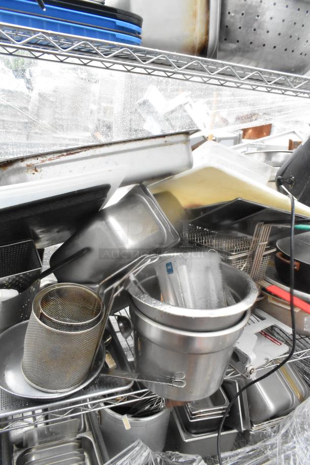 Chrome Finish 4 Tier Wire Shelving Unit w/ Contents Including Metal Baking Pans and Stainless Steel Drop In Bins. Buyer Must Pick Up - We Will Not Ship This Item - Image 16 of 20