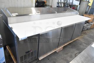 BRAND NEW SCRATCH AND DENT! 2025 Avantco 178SSPPT3 Stainless Steel Commercial Pizza Prep Table on Commercial Casters. 115 Volts, 1 Phase. - Item #1187643