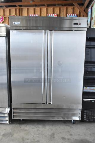 BRAND NEW SCRATCH AND DENT! 2024 Avantco 178SS2FHC Stainless Steel Commercial 2 Door Reach In Cooler w/ Poly Coated Racks on Commercial Casters. 115 Volts, 1 Phase.