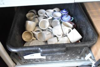 ALL ONE MONEY! Lot of Various Items Including White Ceramic Mugs in Black Poly Bus Bin