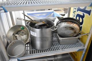 ALL ONE MONEY! Tier Lot of Various Items Including Stock Pot, Ricer, Sauce Pan, Drop In Bin, Skillets.