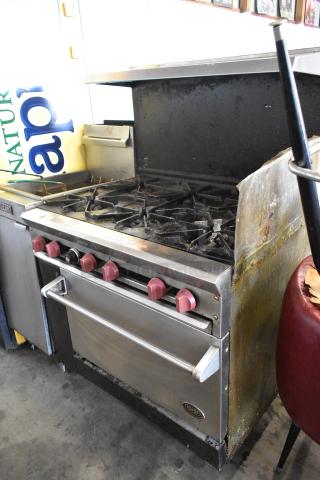Dynamic Cooking Systems DCS 36-6-1 Stainless Steel Commercial Natural Gas Powered 6 Burner Range w/ Oven, Over Shelf and Back Splash.