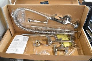 BRAND NEW SCRATCH AND DENT! Equip by T&S 5PR-8D14 Deck Mounted 38 1/4" High Pre-Rinse Faucet with 8" Adjustable Centers, 44" Hose, 14 1/8" Add-On Faucet, and 6" Wall Bracket