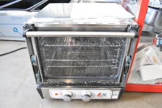 BRAND NEW SCRATCH AND DENT! Cooking Performance Group CPG 351COQT3A Stainless Steel Electric Thermostatic Countertop 3 Tray Quarter Size Convection Oven. See Pictures for Broken Glass. 110 Volts, 1 Phase.