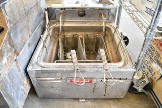Hotpoint HK3 Stainless Steel Commercial Countertop Electric Powered Deep Fat Fryer w/ 2 Metal Fry Baskets. 220-240 Volts, 1 Phase.