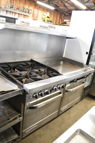 Southbend S601DD-3TR Stainless Steel Commercial Natural Gas Powered 4 Burner Range w Flat Top Griddle, 2 Ovens, Over Shelf and Back Splash.