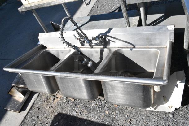 Stainless Steel 3 Bay Sink w/ Faucet and Spray Nozzle Attachment. No Legs. - Image 2 of 8