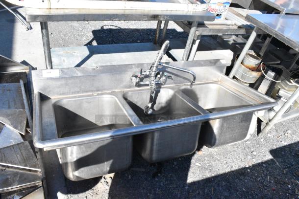 Stainless Steel 3 Bay Sink w/ Faucet and Spray Nozzle Attachment. No Legs. - Image 7 of 8