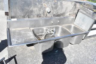 Stainless Steel 3 Bay Sink w/ Left Side Drain Board, Handles and Spray Nozzle Attachment.