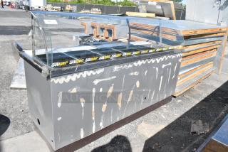 Duke Metal Commercial Sandwich Sub Make Line Prep Table w/ Curved Glass and Poly Drop In Bins. 120 Volts, 1 Phase.