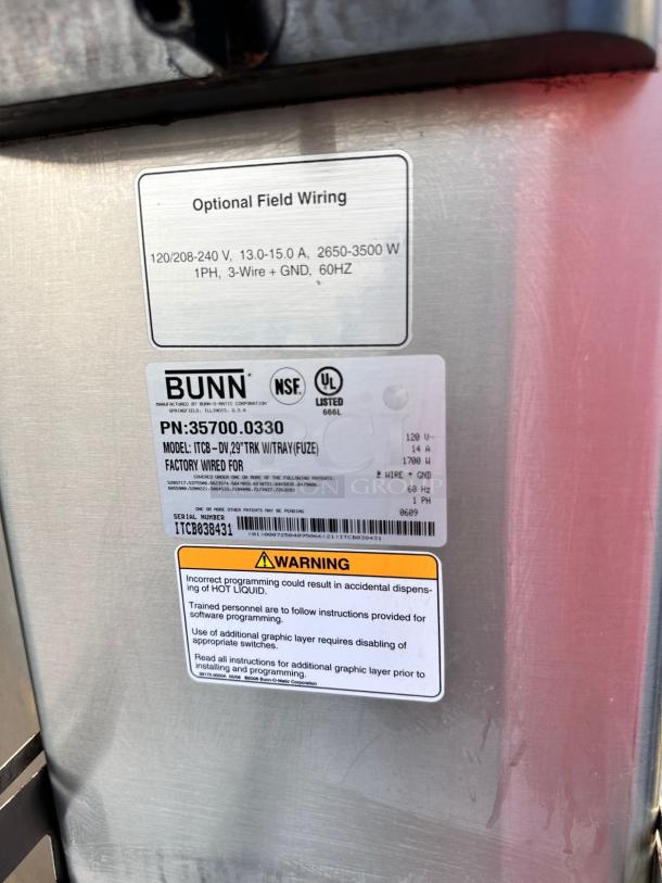 Outstanding Condition BUNN Dual Brewer – ITCB-DV 29” TRK – 120/208-240V – Fully Tested & Working! - Image 6 of 6