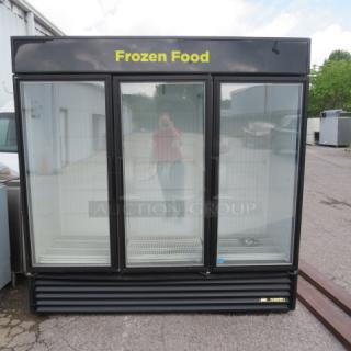 One True 3 Door Glass Display Freezer With 9 Racks. 115-208-230 Volt. 1 Phase. Unable To Test. Model# GDM-72F-LD. 78X30X79